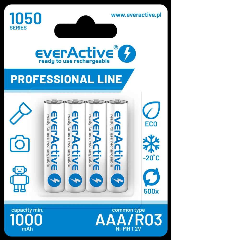 დასამუხტი ელემენტი - EverActive - NI-MH AAA 1.2V - Profesional Line  - 1050 mAh - 1ც